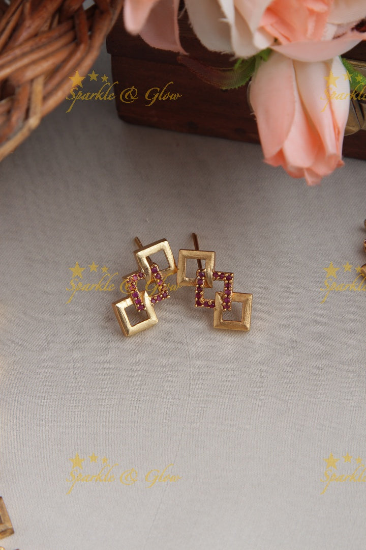 Premium Matte statement American Diamond box design necklace - Gold Pink