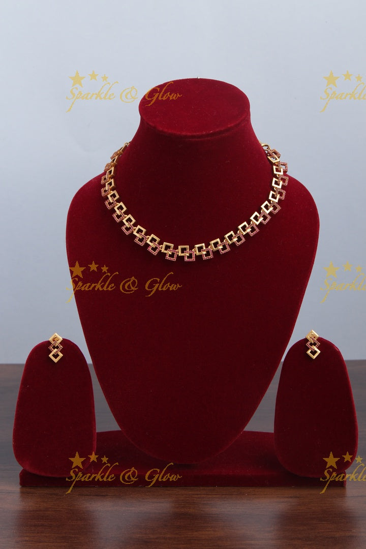 Premium Matte statement American Diamond box design necklace - Gold Pink