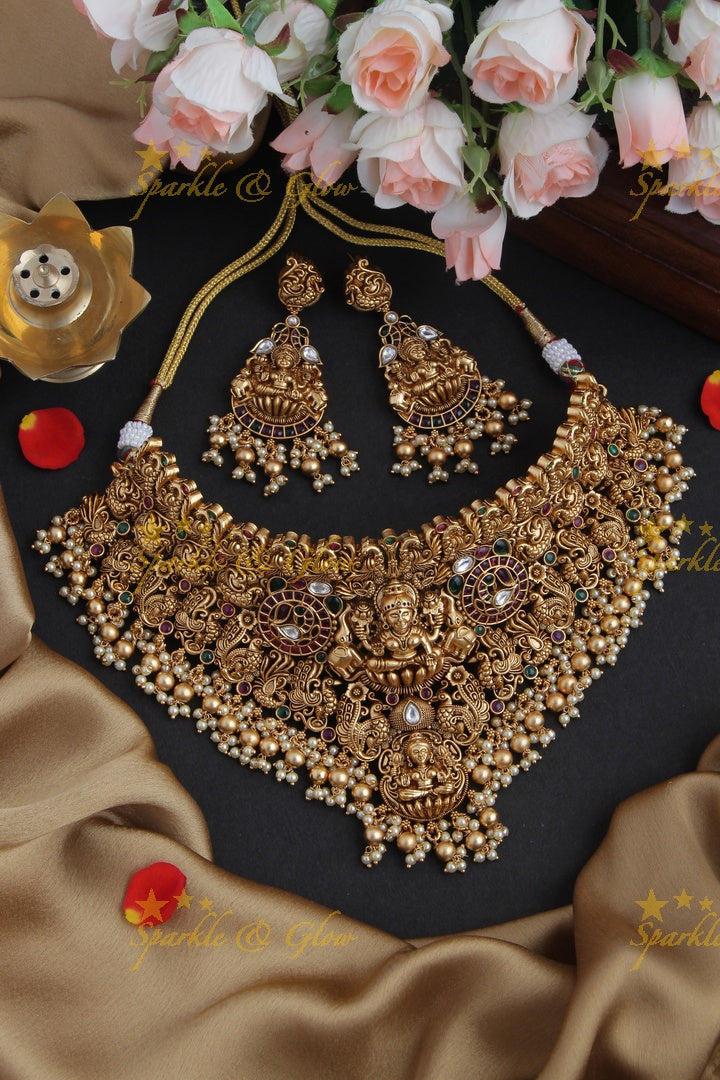 Premium Matte statement American Diamond box design necklace - Gold Pink