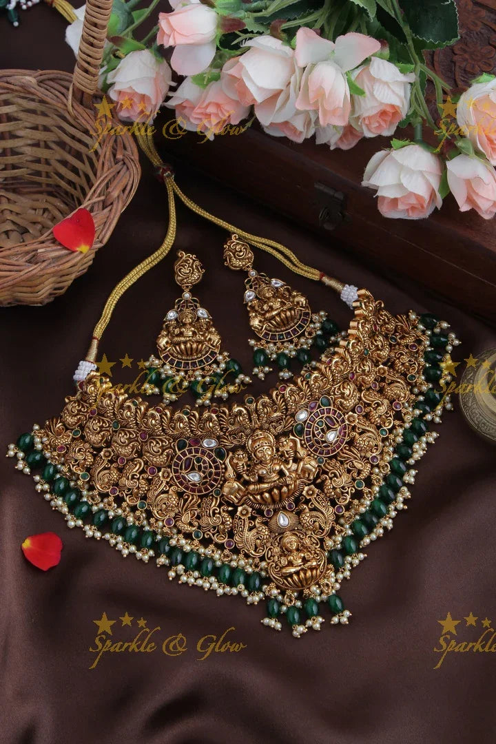 Intricately Carved Lakshmi Elephant Peacock High Neck Choker - Green beads - Sparkle and Glow
