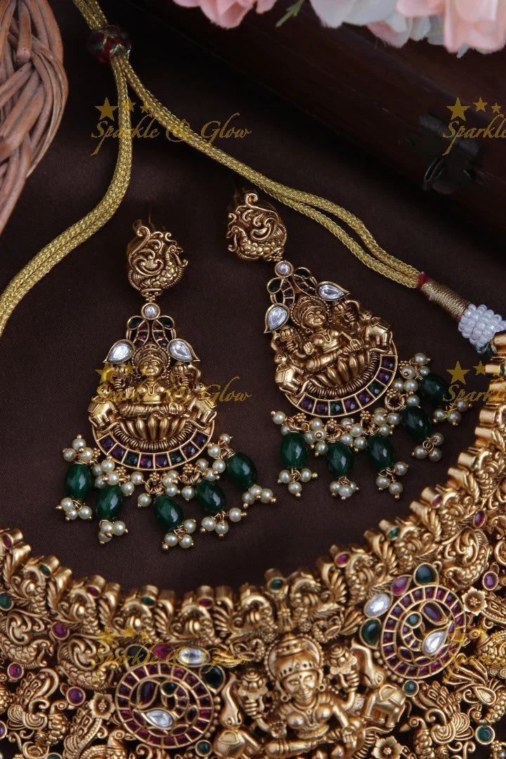 Intricately Carved Lakshmi Elephant Peacock High Neck Choker - Green beads - Sparkle and Glow