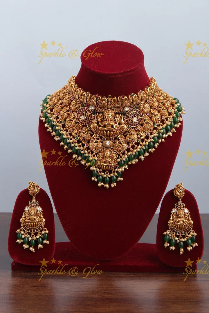 Intricately Carved Lakshmi Elephant Peacock High Neck Choker - Green beads - Sparkle and Glow