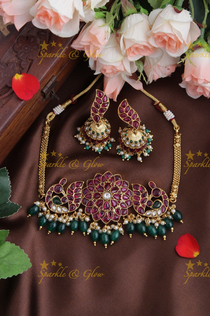 Gold Alike Floral Peacock Kemp Choker - Green Beads
