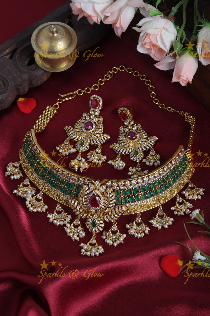 Gold Alike AD Stone High neck choker with mini chandbali beads - White