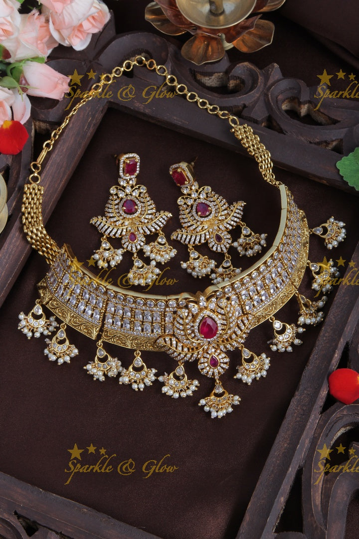 Gold Alike AD Stone High neck choker with mini chandbali beads - White