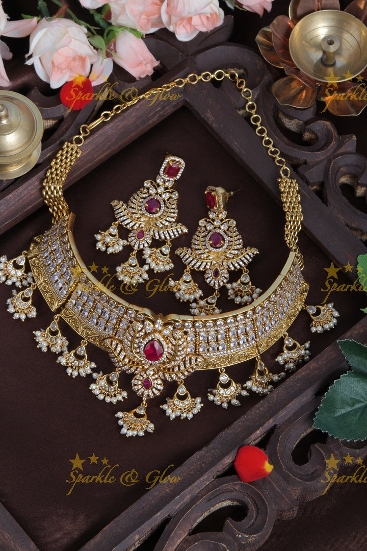 Gold Alike AD Stone High neck choker with mini chandbali beads - White