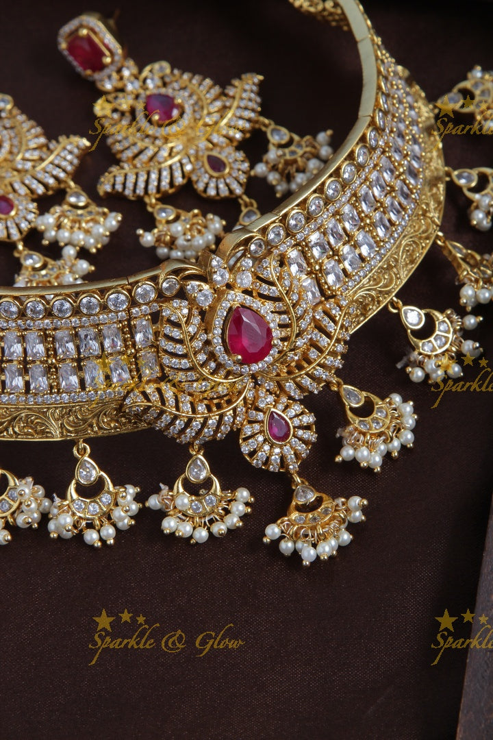 Gold Alike AD Stone High neck choker with mini chandbali beads - White