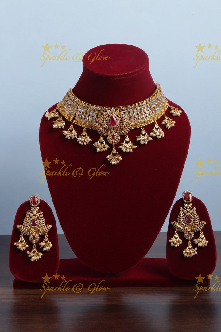 Gold Alike AD Stone High neck choker with mini chandbali beads - White