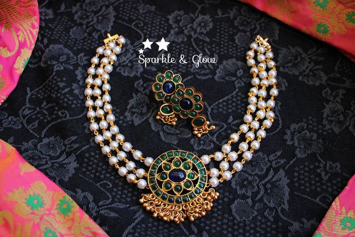 Pearl high neck choker - Navarathna - Sparkle and Glow - Green Blue - Back Thread