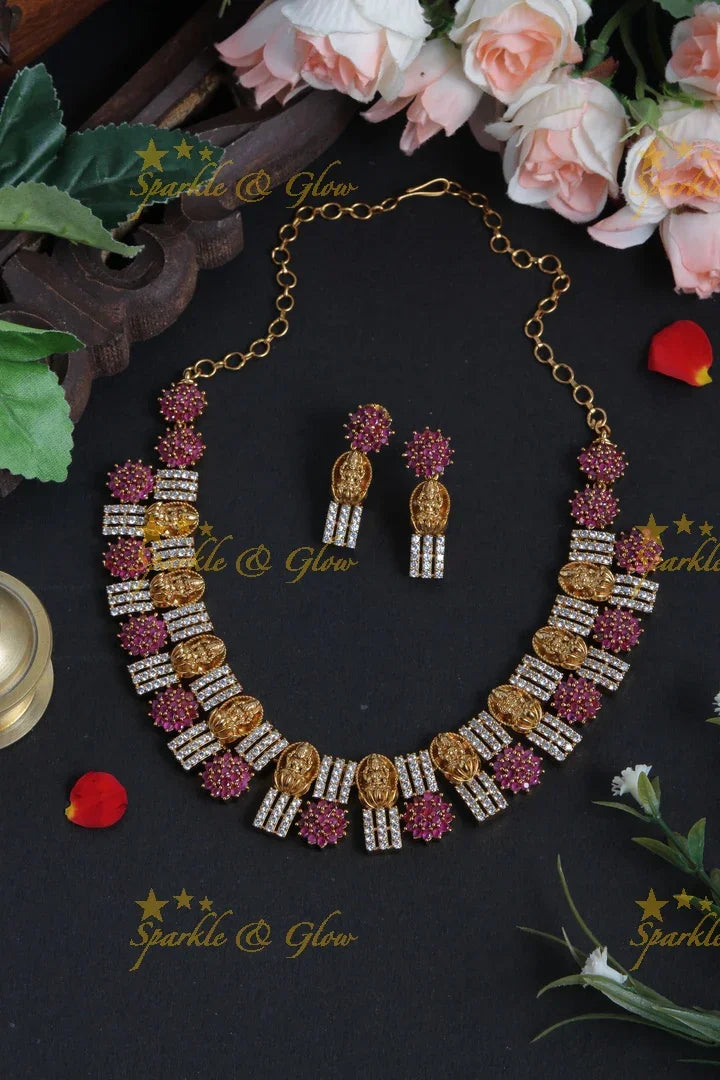 Premium Matt Lakshmi Floral Short Necklace - Pink - Sparkle and Glow