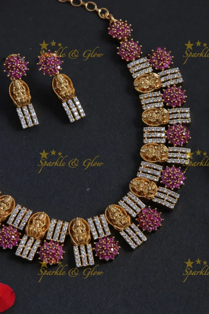 Premium Matt Lakshmi Floral Short Necklace - Pink - Sparkle and Glow