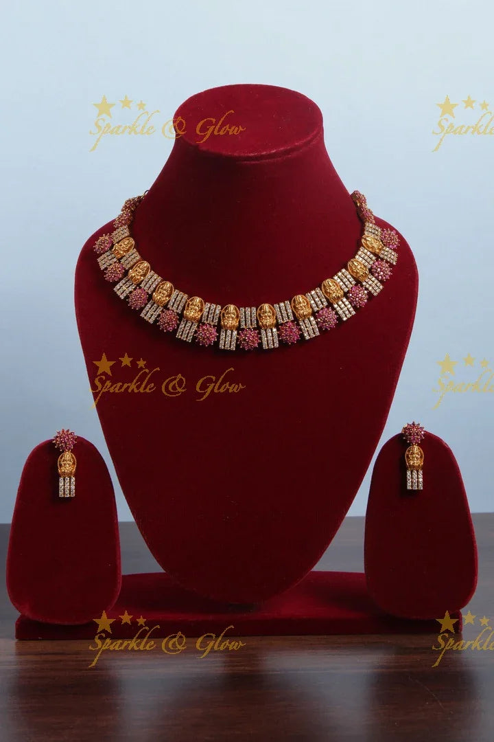 Premium Matt Lakshmi Floral Short Necklace - Pink - Sparkle and Glow