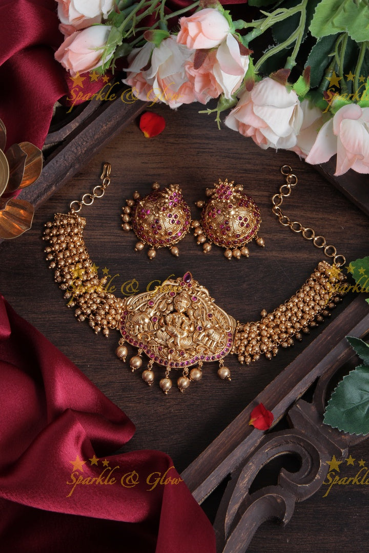 Premium Gold beads Lakshmi Cluster Statement choker