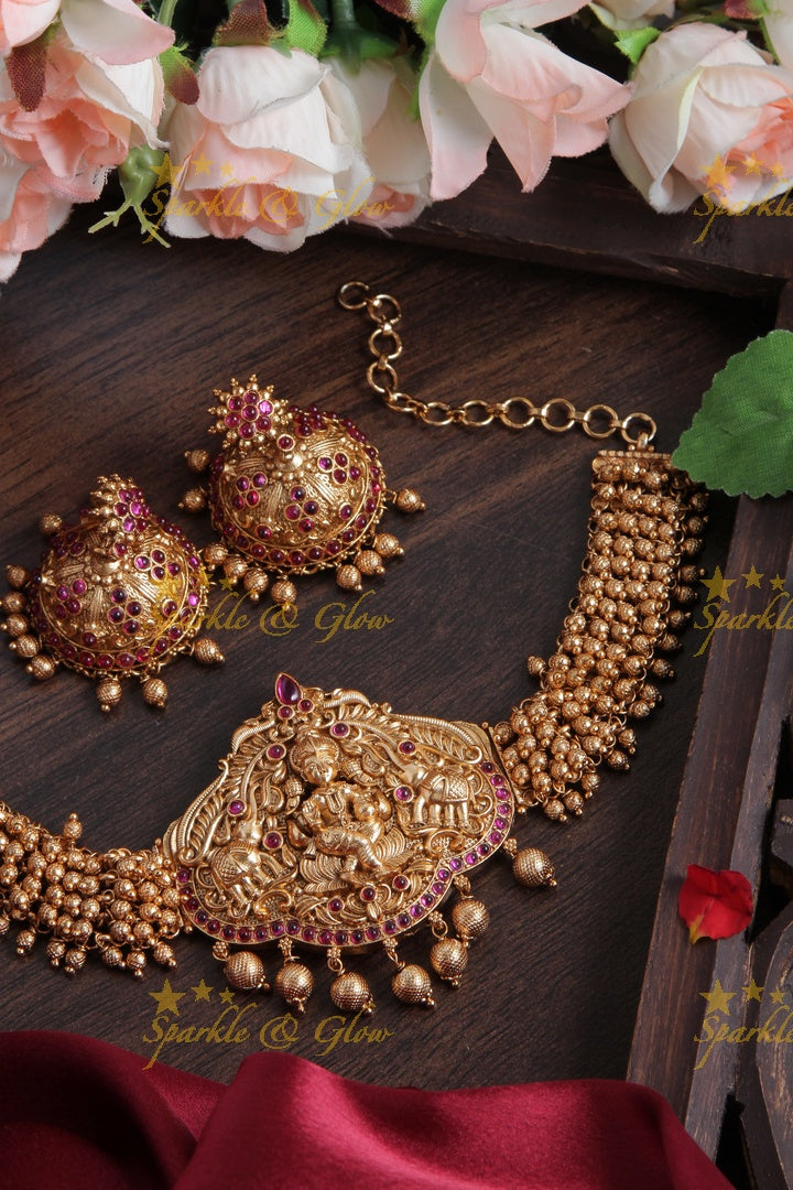 Premium Gold beads Lakshmi Cluster Statement choker