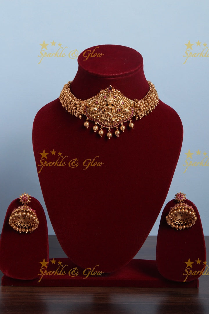Premium Gold beads Lakshmi Cluster Statement choker