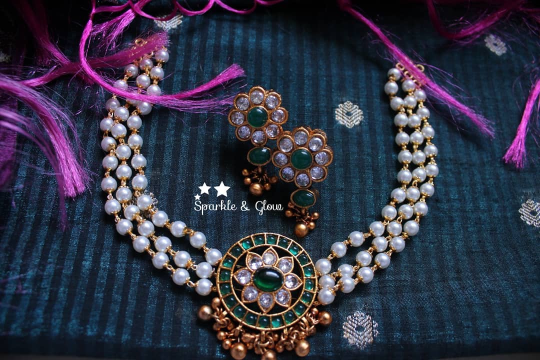 Pearl high neck choker - Navarathna - Sparkle and Glow - Green White - Back Chain