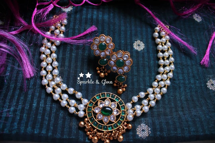 Pearl high neck choker - Navarathna - Sparkle and Glow - Green White - Back Chain