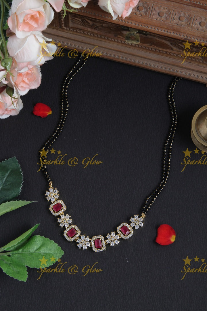 Gold black beads Floral chain - 22 inches - Pink