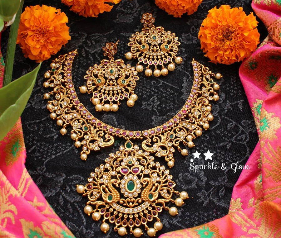 Beautiful cz and kemp stones peacock necklace - Sparkle and Glow