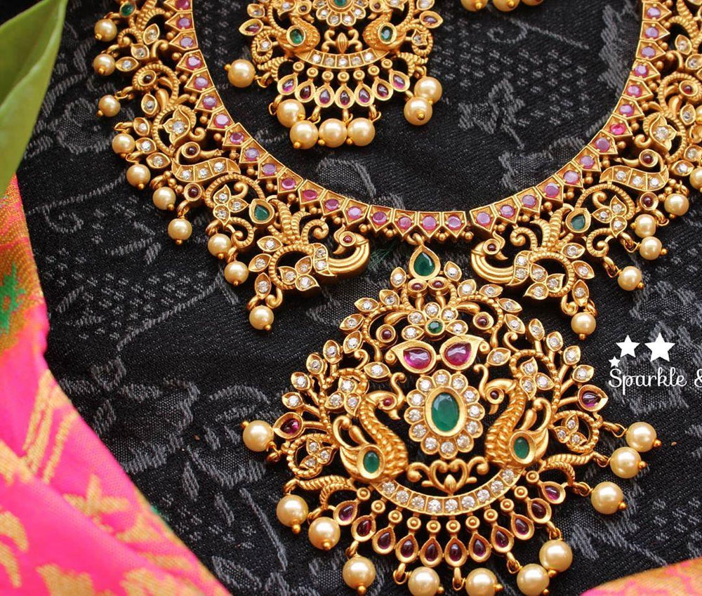 Beautiful cz and kemp stones peacock necklace - Sparkle and Glow