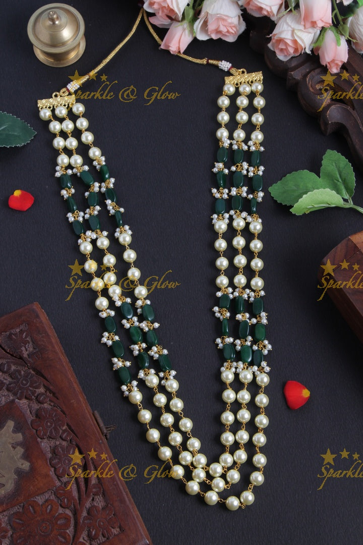 Three Layered Pearl Maroon beads Chain - 24 inches