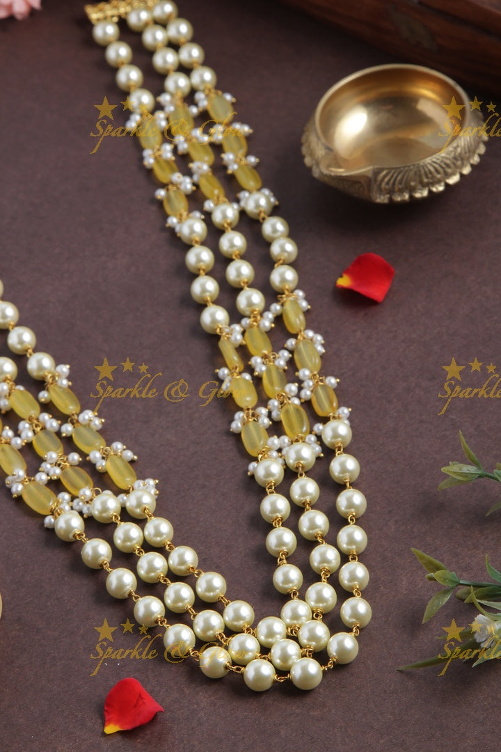 Three Layered Pearl Yellow beads Chain - 24 inches