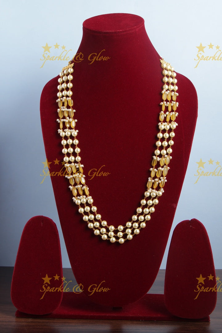 Three Layered Pearl Yellow beads Chain - 24 inches