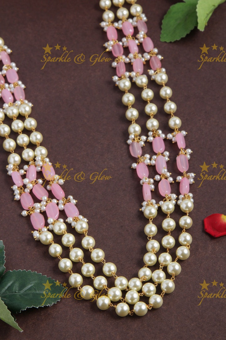Three Layered Pearl Pale Pink beads Chain - 24 inches