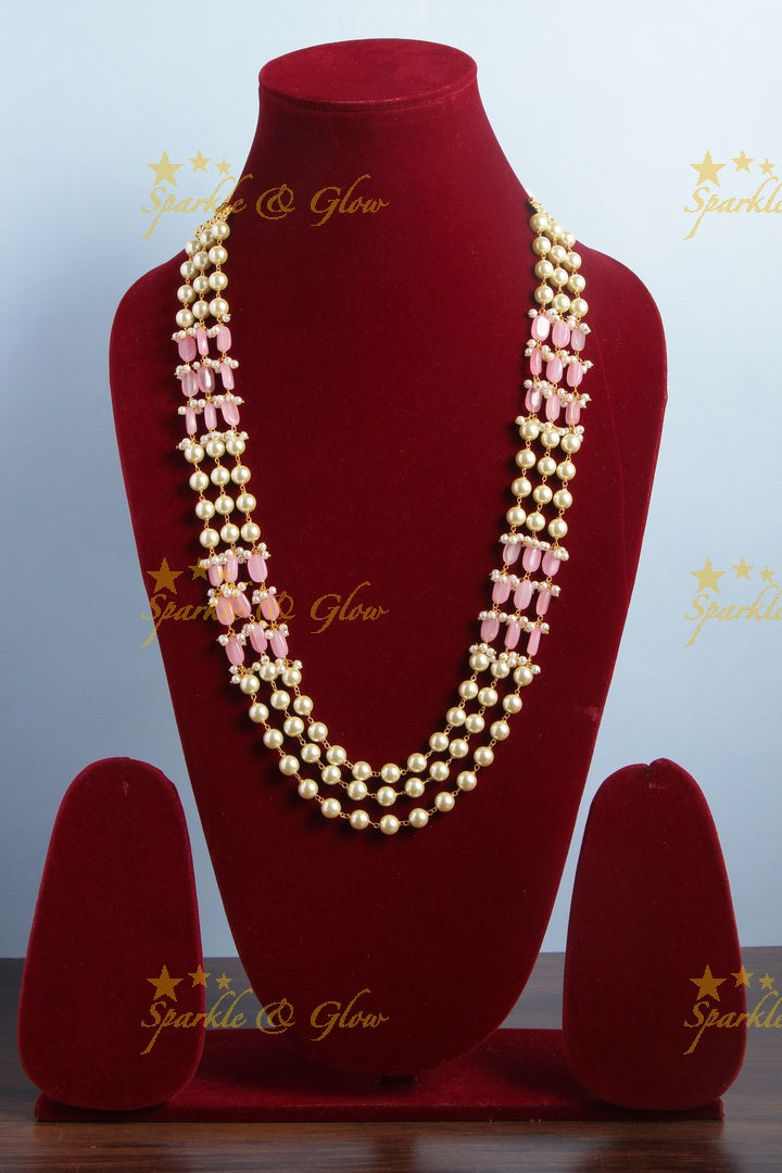 Three Layered Pearl Pale Pink beads Chain - 24 inches