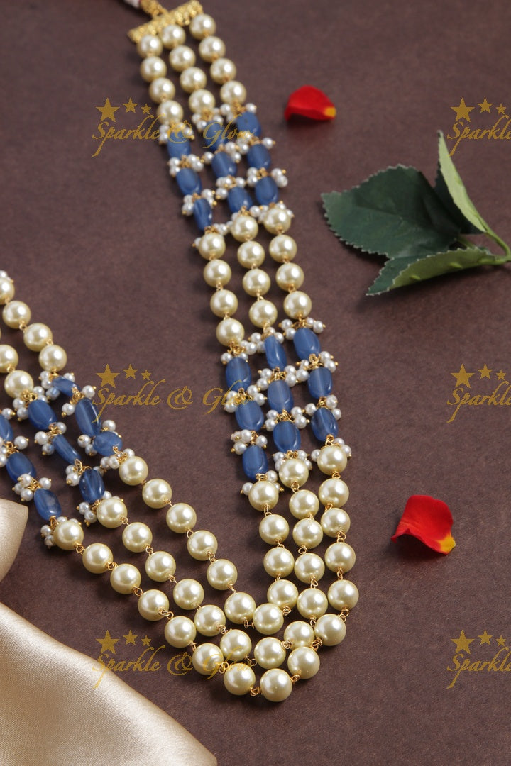 Three Layered Pearl Blue beads Chain - 24 inches