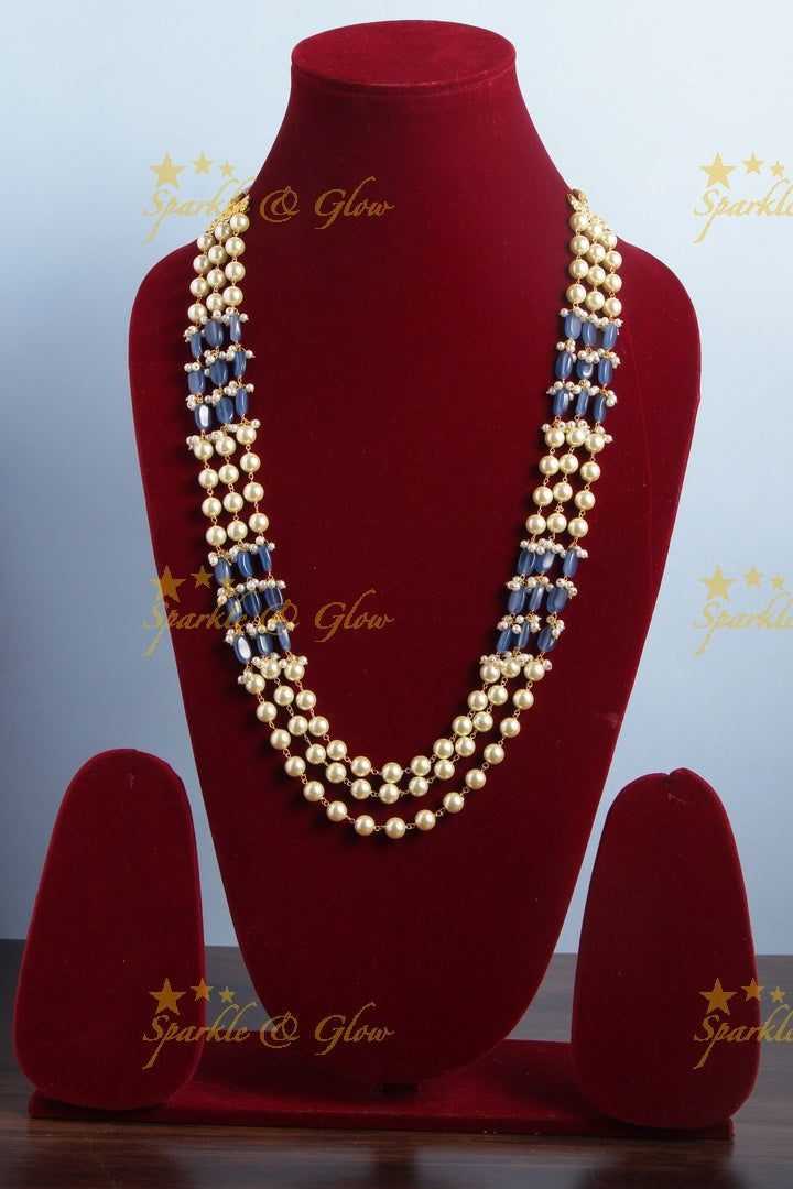 Three Layered Pearl Blue beads Chain - 24 inches