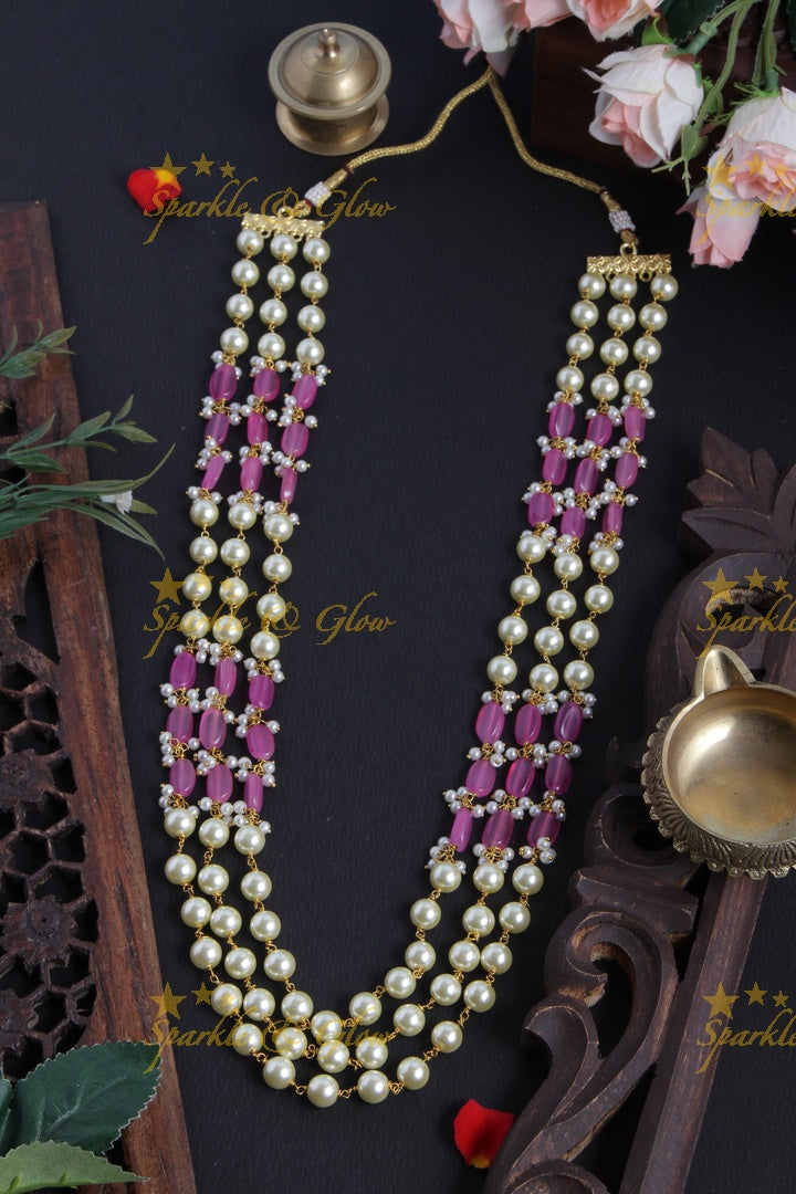 Three Layered Pearl Peach beads Chain - 24 inches