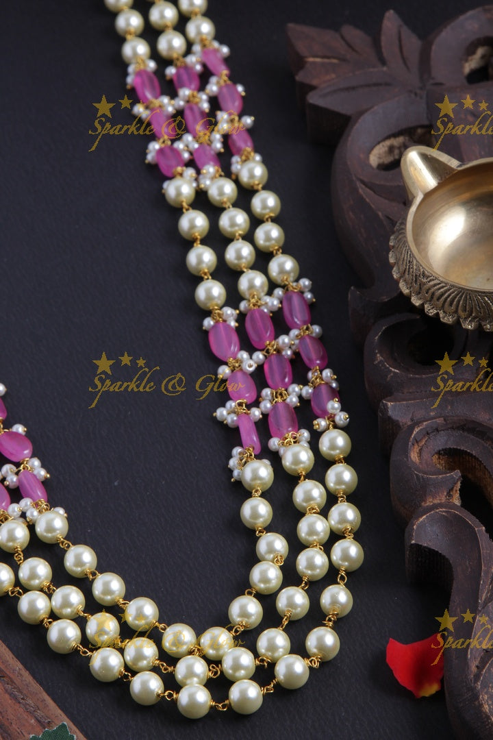 Three Layered Pearl Pink beads Chain - 24 inches