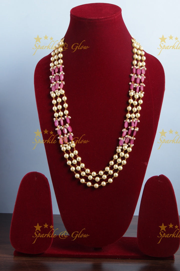 Three Layered Pearl Pink beads Chain - 24 inches