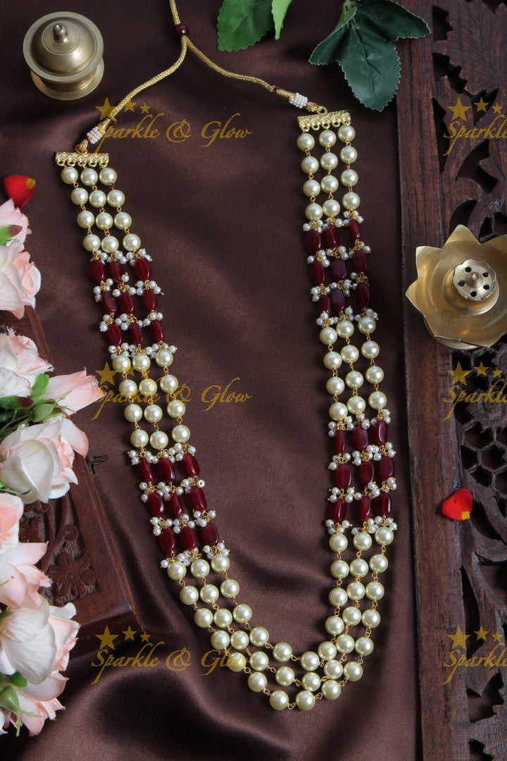 Three Layered Pearl Red beads Chain - 24 inches