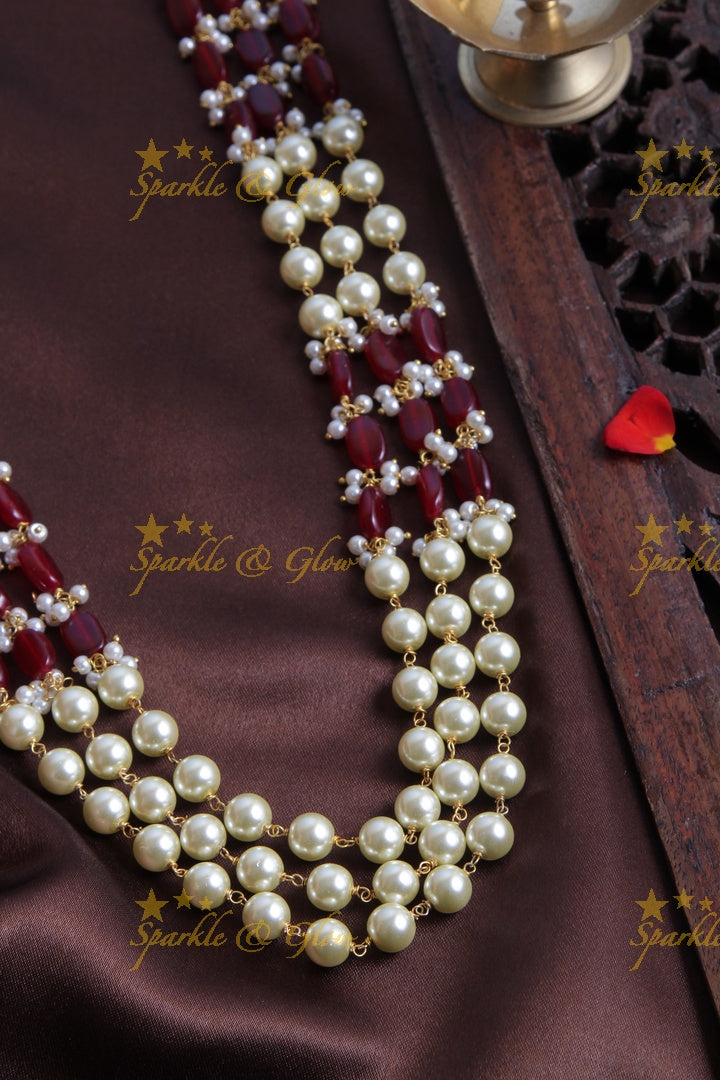 Three Layered Pearl Maroon beads Chain - 24 inches
