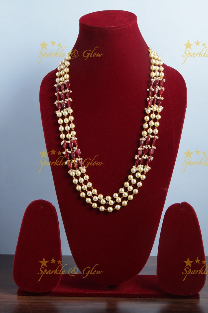 Three Layered Pearl Maroon beads Chain - 24 inches