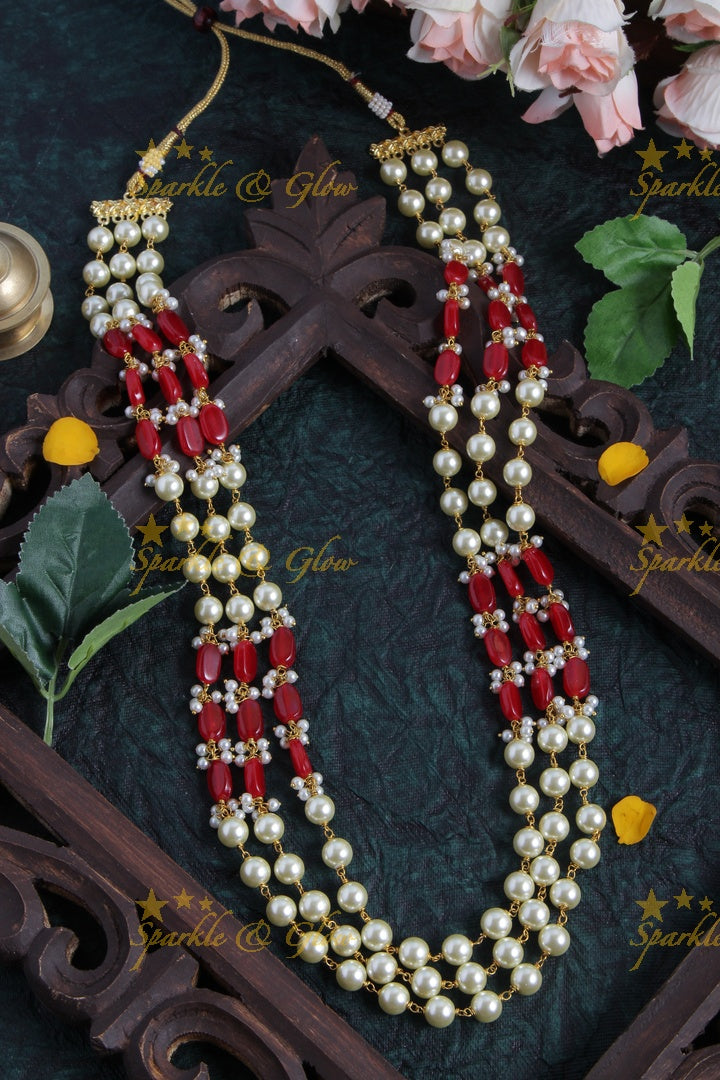 Three Layered Pearl Maroon beads Chain - 24 inches