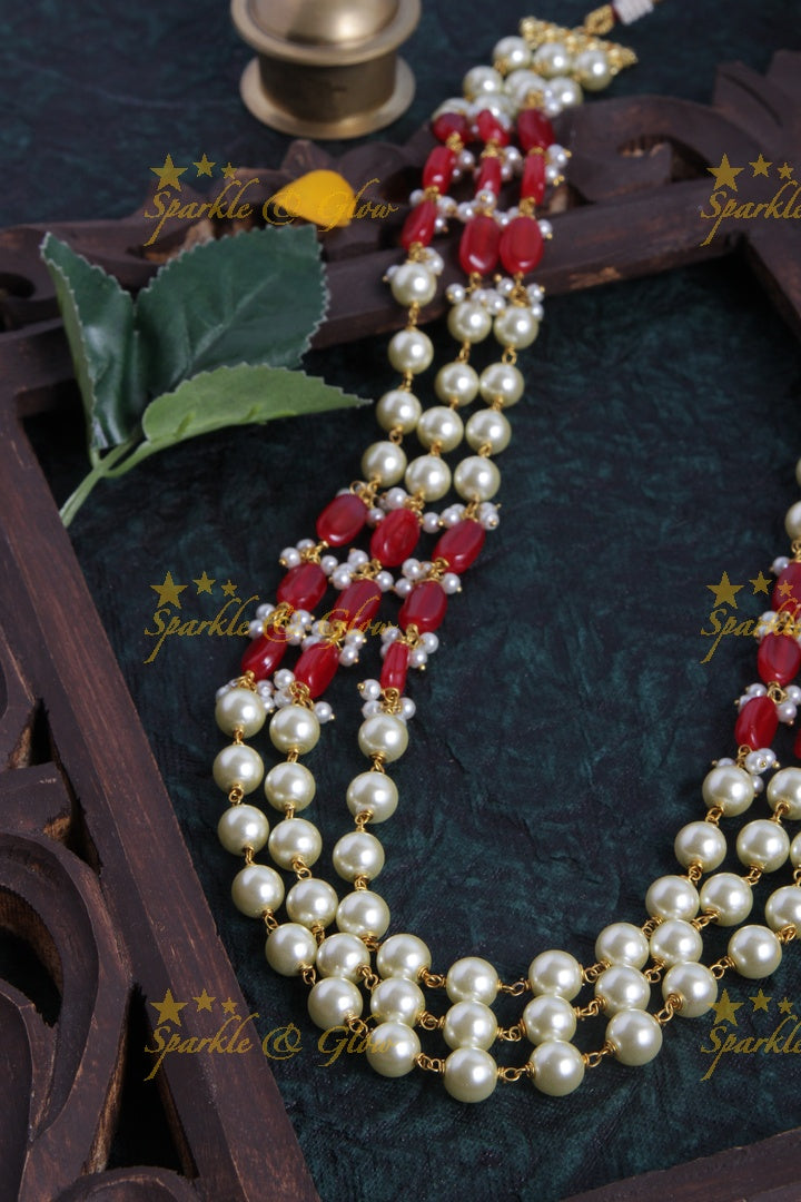 Three Layered Pearl Red beads Chain - 24 inches