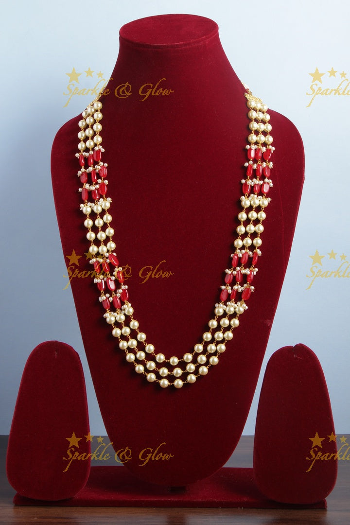 Three Layered Pearl Red beads Chain - 24 inches