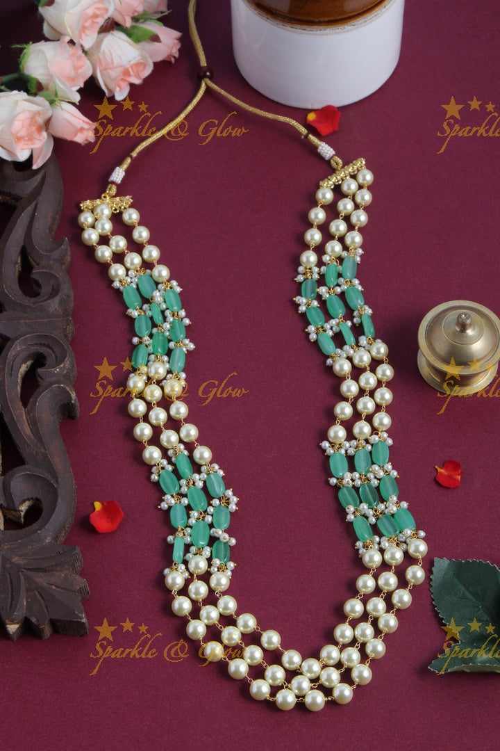 Three Layered Pearl Sky Blue beads Chain - 24 inches