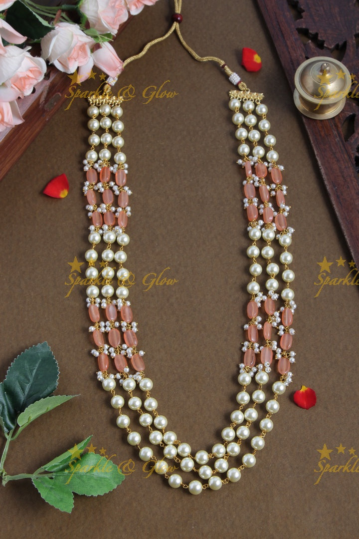 Three Layered Pearl Pink beads Chain - 24 inches