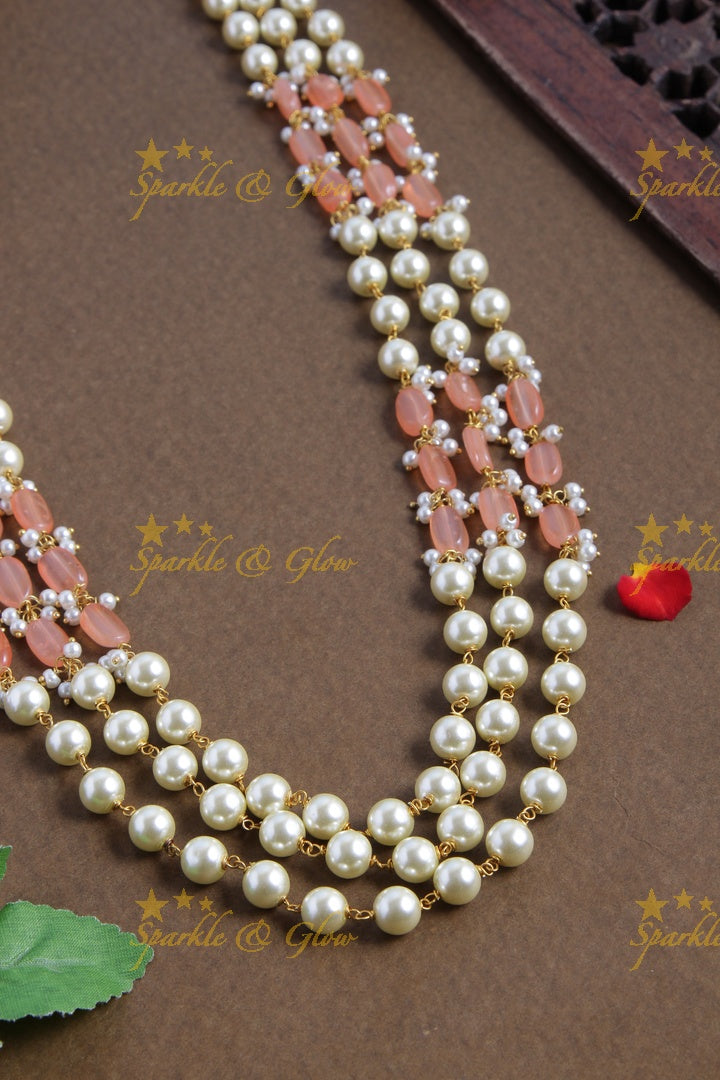 Three Layered Pearl Peach beads Chain - 24 inches