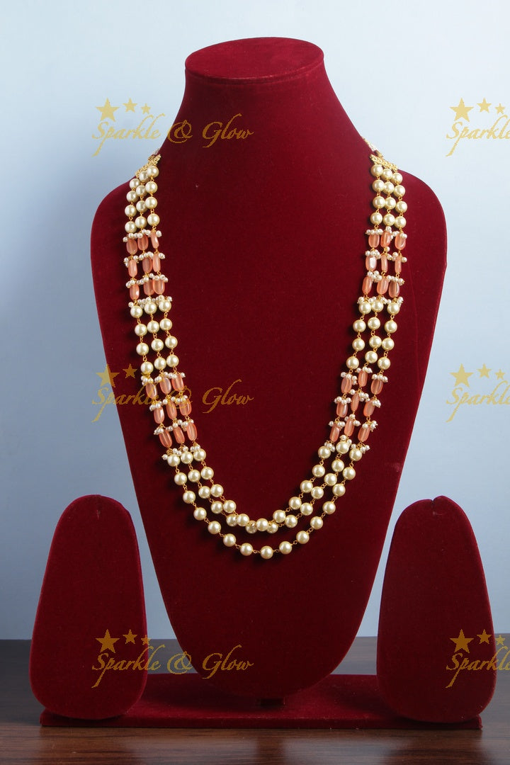 Three Layered Pearl Peach beads Chain - 24 inches
