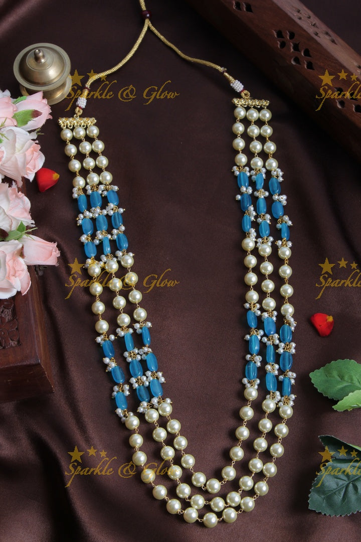 Three Layered Pearl Blue beads Chain - 24 inches