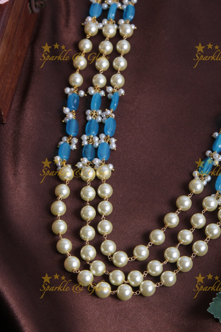 Three Layered Pearl Sky Blue beads Chain - 24 inches