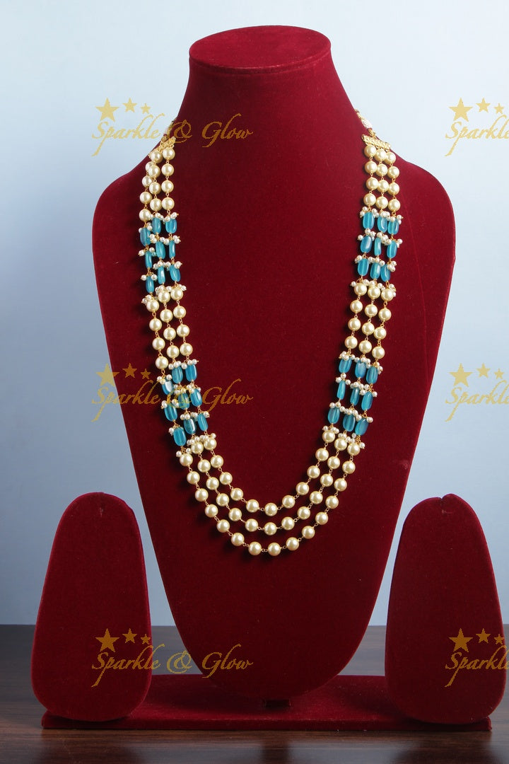 Three Layered Pearl Sky Blue beads Chain - 24 inches