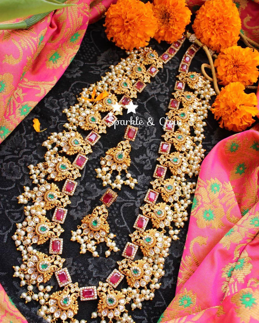 Matte gold ruby and emerald stones peacock gutta pusalu - Multi - Sparkle and Glow
