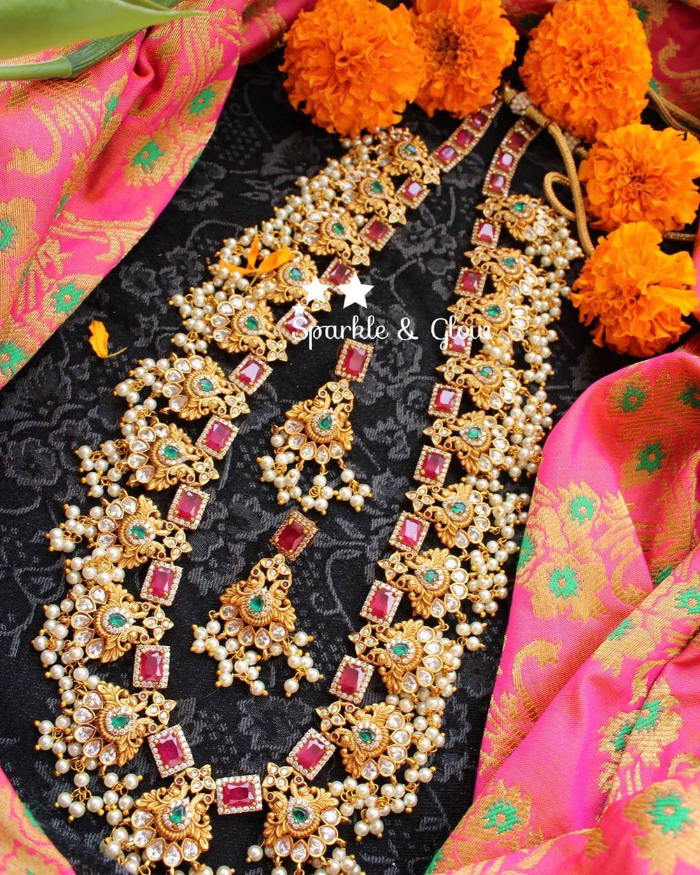Matte gold ruby and emerald stones peacock gutta pusalu - Multi - Sparkle and Glow