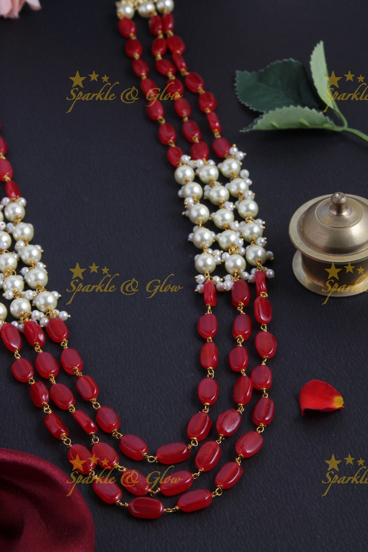 Three Layered Pearl Red bead Chain